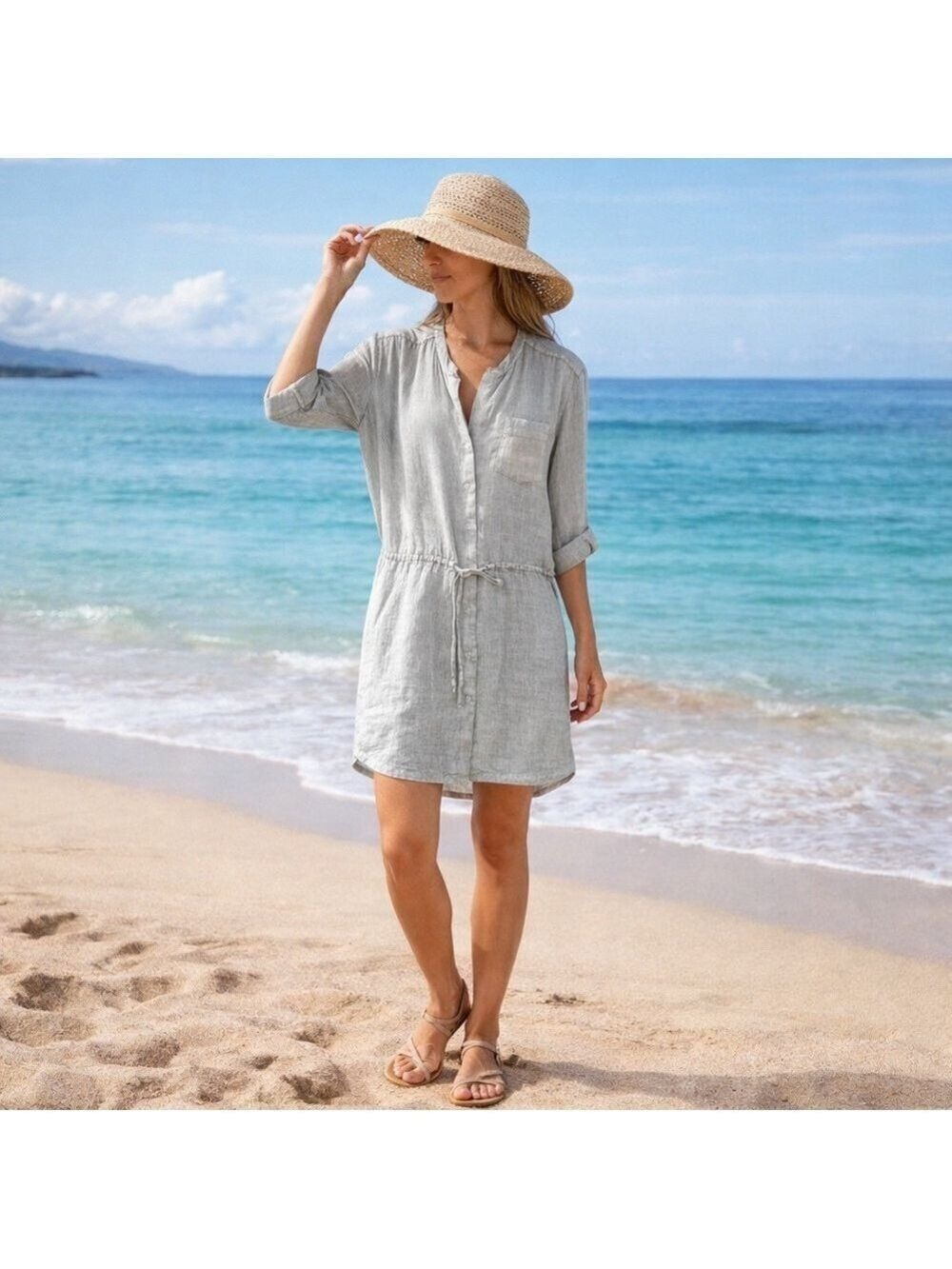 STANDARD JAMES PERSE 100% Linen Khaki Drop Waist Button Front Shirt Dress Sz L